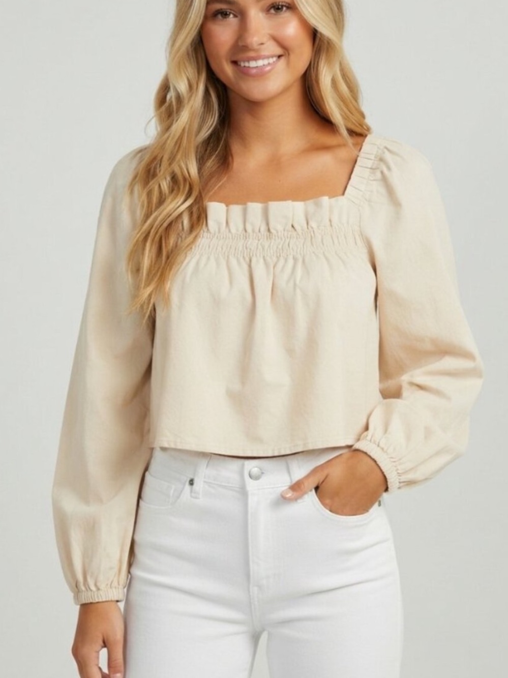 OPEN EDIT Cream Long Sleeve Linen Blend Blouse Size Small 39758